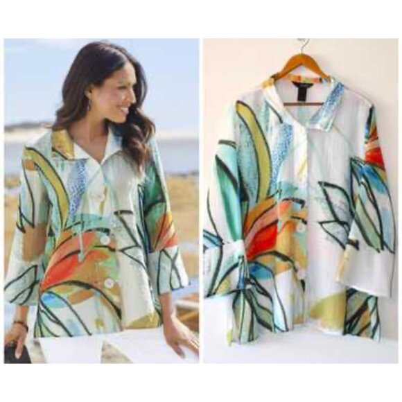 Ali Miles Womens Abstract Print Button Tunic Top S Oversized Travel Casual Artsy - Picture 1 of 10